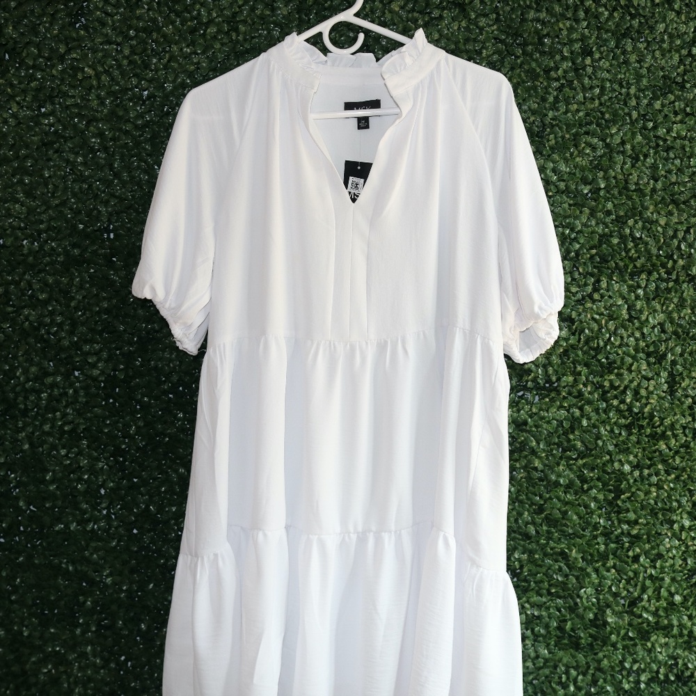 MSK White Tiered Midi Dress with Ruffle Neckline